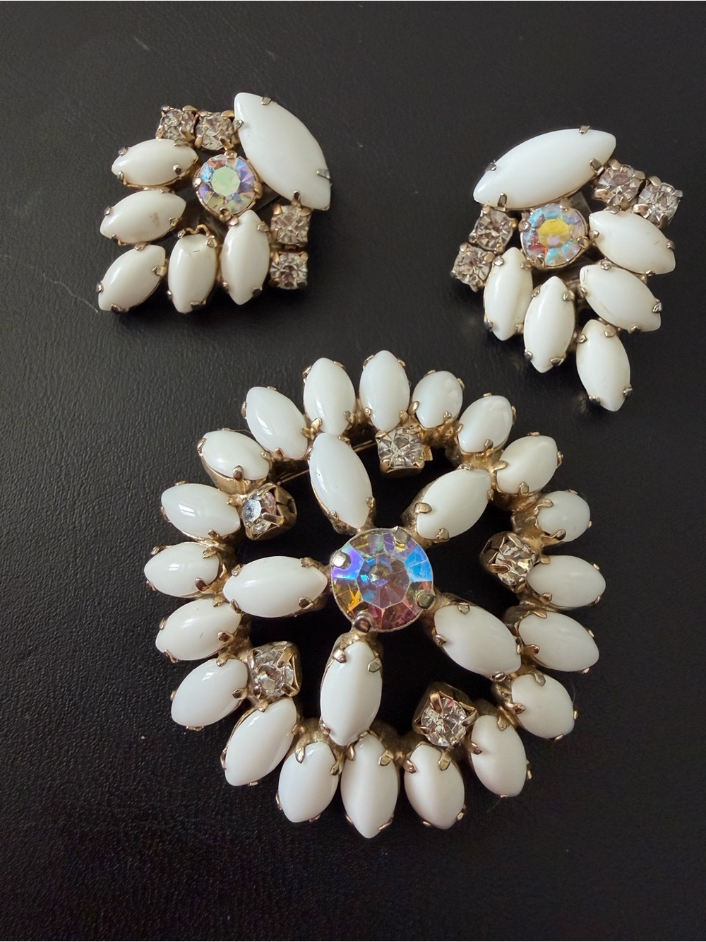 Vintage White Stone Brooch & Clip-On Earrings Set